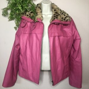 Wilson's Leather Maxima Jacket Pink Rabbit Fur Animal Print Collar Moto Buckle